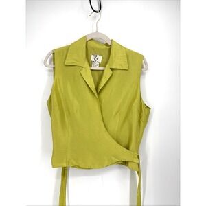 Ice Silk Sleeveless Wrap Blouse Large Chartreusse Front Side Tie Quiet Luxury
